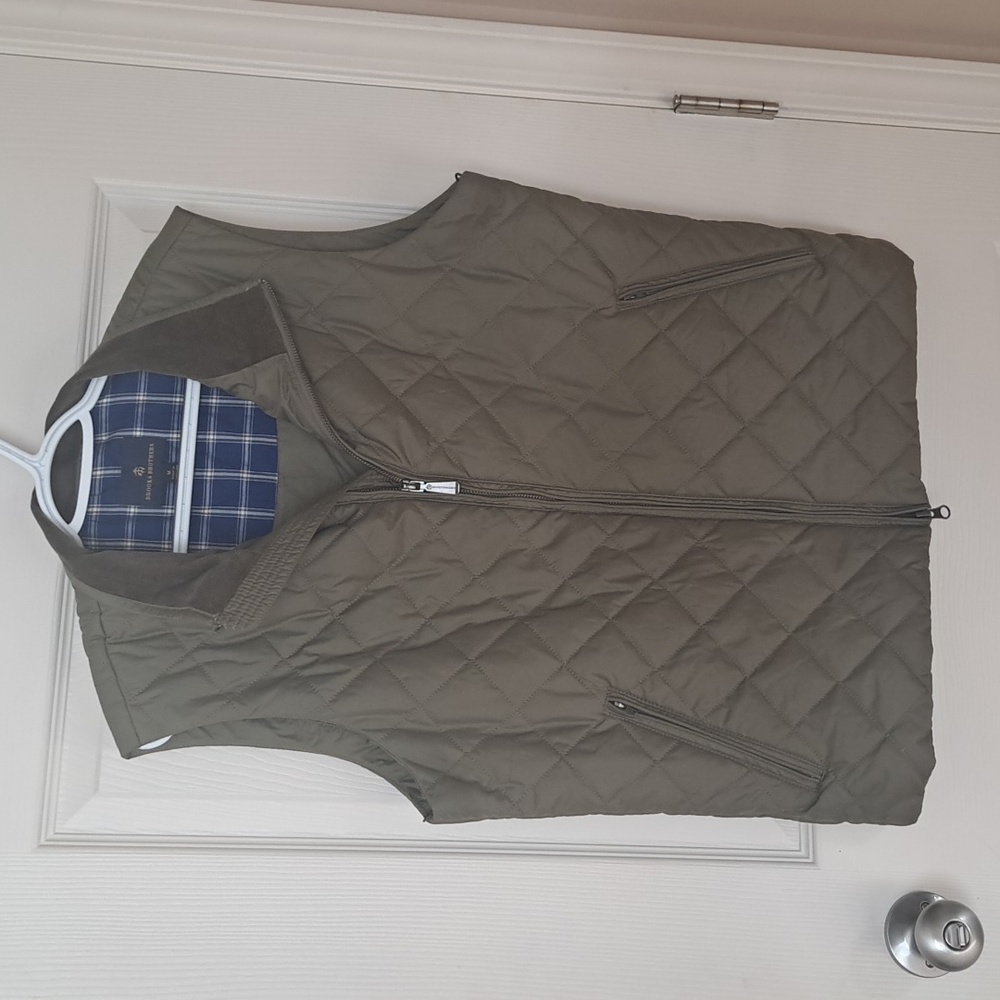 Brooks Brothers Womens Quilted Vest W/ Corduroy Collar Zip Pockets Green Sz Med